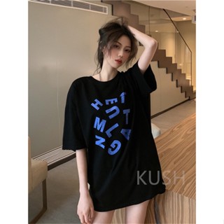 [S-5XL]KUSHตัวอักษรภาษาอังกฤษเสื้อยืดคอกลมแขนสั้นพิมพ์ลายสไตล์ฮาราจูกุสำหรับผู้หญิงคอตตอน 100% TD01