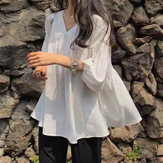 Suxi เสื้อเชิ้ตแขนเจ็ดส่วน คอวี ทรงหลวม สไตล์เกาหลี เรียบง่าย สําหรับผู้หญิง