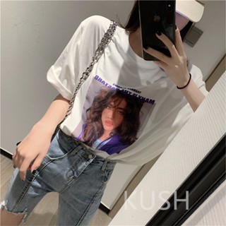 [S-5XL]KUSHภาพสาวการพิมพ์ 2023 ชุดคู่รักเซ็กซี่สไตล์ยอดนิยมผ้าฝ้ายแท้ 100% เสื้อยืดคอกลมแขนสั้น TD28