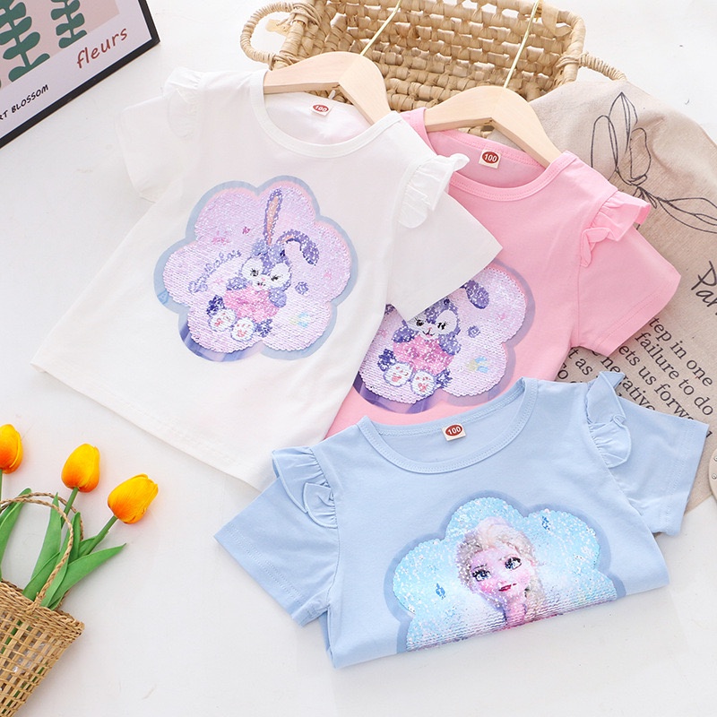 เด็กฤดูร้อน Tshirt ผ้าฝ้ายแท้ Stella Lou Frozen Elsa Reversible Sequins Design Ruffle Sleeve Casual Tops อายุ 3-8 ปีหญิง