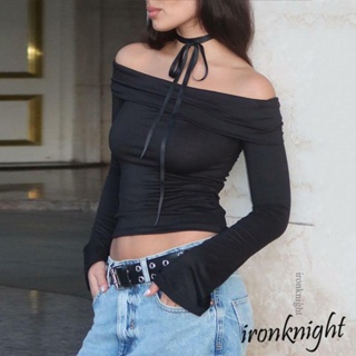 Ironknight- เสื้อครอปท็อปแขนยาว เปิดไหล่ สีพื้น ทรงสลิมฟิต แฟชั่นสําหรับผู้หญิง