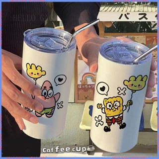 🥤Animation Peripheral Limited Water Cup🥤กระติกน้ําร้อน สเตนเลส ทรงสี่เหลี่ยม ลาย SpongeBob แบบพกพา สําหรับสํานักงาน