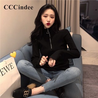 Cccindee ใหม่ เสื้อกันหนาวลําลอง แขนยาว คอสูง มีซิป ทรงสลิมฟิต สีพื้น แฟชั่นสําหรับสตรี 2023