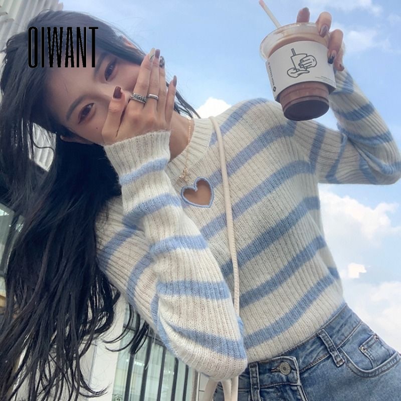 Oiwant เสื้อกันหนาวลําลอง แขนยาว คอกลม ลายทาง เข้ารูป ฉลุลาย เข้ากับทุกการแต่งกาย สําหรับสตรี 2023