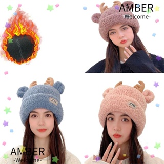 Amber หมวกบีนนี่ ผ้าถัก แบบหนา ลายการ์ตูน ให้ความอบอุ่น เหมาะกับใส่เล่นสกีกลางแจ้ง แฟชั่นสําหรับผู้หญิง