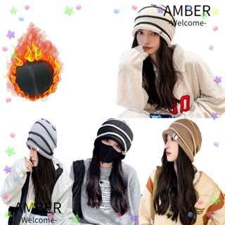 Amber หมวกบีนนี่ ผ้าถัก แบบหนา กันลม ให้ความอบอุ่น แฟชั่น สําหรับเล่นสกี กลางแจ้ง