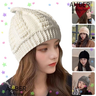 Amber หมวกบีนนี่ ผ้าถัก สีพื้น น่ารัก สําหรับผู้หญิง ผู้ชาย 4 สี