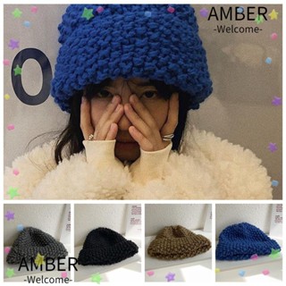 Amber หมวกบีนนี่ ผ้าถัก สีพื้น แฟชั่นฤดูใบไม้ร่วง และฤดูหนาว