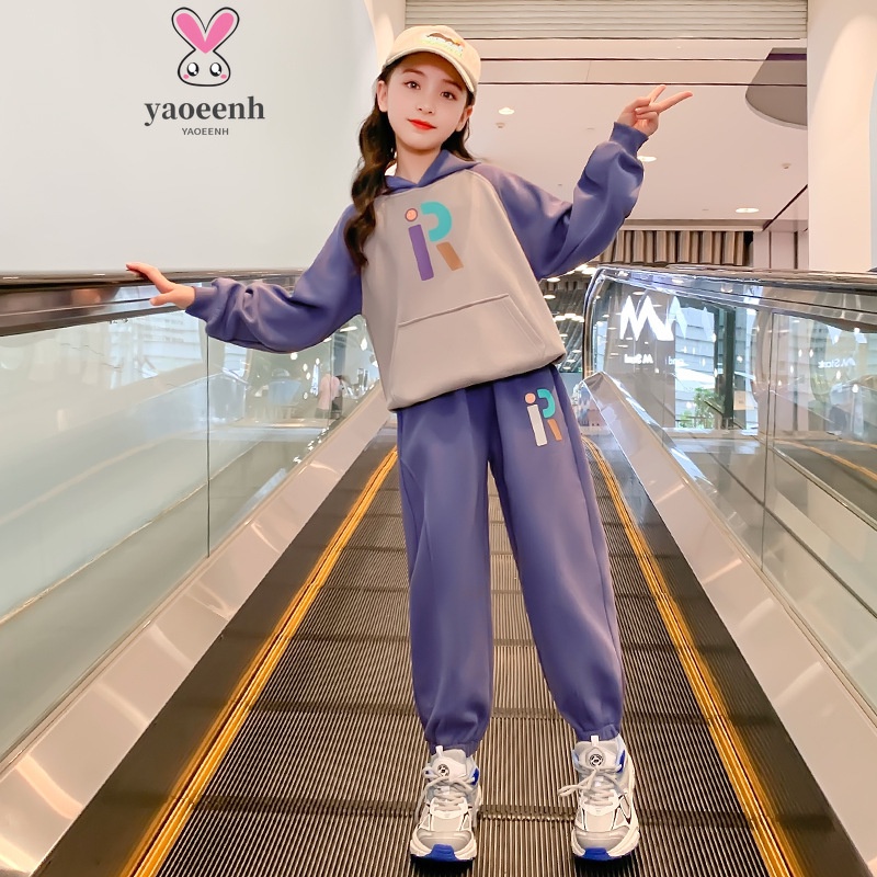 【YAOEENH】พร้อมส่ง ชุดเสื้อกีฬาลําลอง มีฮู้ด ขนาดใหญ่ 120-170 ซม. แฟชั่นฤดูใบไม้ผลิ ฤดูใบไม้ร่วง สไตล์เกาหลี สําหรับเด็กผู้หญิง สองชิ้น