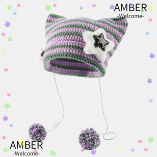 Amber หมวกผ้าขนสัตว์ถัก แต่งปอมปอม ลายหูแมวน่ารัก ให้ความอบอุ่น สําหรับผู้หญิง