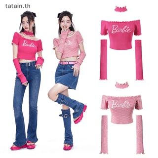 Tatain Barbie เสื้อครอปท็อป เปิดไหล่ข้างเดียว ผ้าถัก เซ็กซี่ สีชมพู สําหรับผู้หญิง