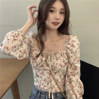 เสื้อเชิ้ตแขนยาว คอสี่เหลี่ยม ลายดอกไม้ แฟชั่นฤดูใบไม้ร่วง สไตล์เรโทร สําหรับผู้หญิง
