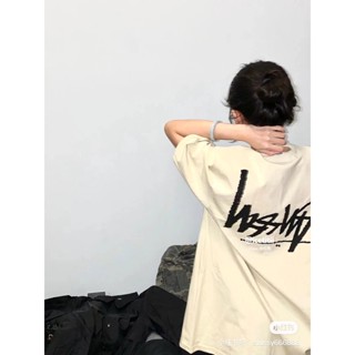 IE0P STUSSY reverse letter Logo printed short sleeve T-shirt light yellow cream style