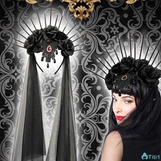 Halloween Dressing Veil Head Hoop Gothic Crown Mesh Black Rose Retro Party Dress TH1