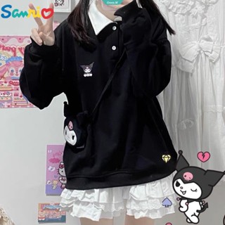 เสื้อกันหนาวแขนยาวลําลอง คอโปโล ทรงหลวม ลาย Sanrio Kuromi Hello Kitty Cinnamoroll Kawaii สําหรับผู้หญิง