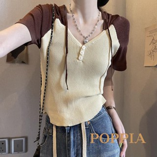 Poppia- เสื้อยืดลําลอง แขนสั้น คอวี มีฮู้ด สีตัดกัน ทรงสลิมฟิต แฟชั่นฤดูร้อน สําหรับสตรี