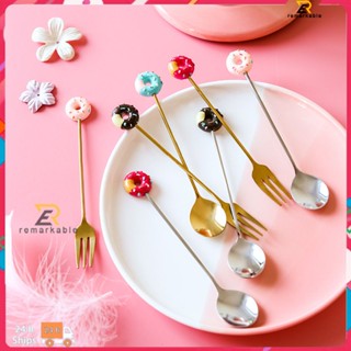 พร้อมส่ง Cartoon Small Spoon Dessert Fork Donut Spoon Macaron Spoon Small Spoon Fork Stainless Steel Cake Spoon