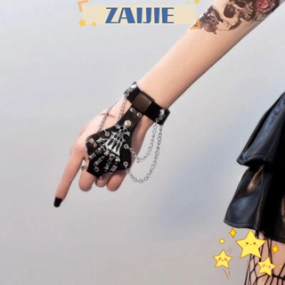 Zaijie24 ฮาโลวีน โซ่มือ กําไลข้อมือ โกธิค กะโหลก สร้อยข้อมือ ร็อคพังก์ หนัง โครงกระดูก ถุงมือผู้หญิง