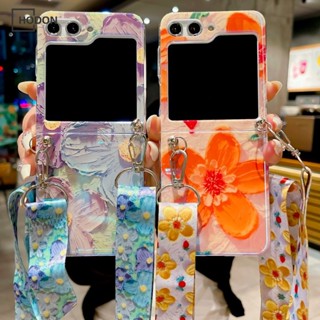 เคสโทรศัพท์มือถือ PC แข็ง ลายภาพวาดสีน้ํามัน รูปดอกไม้ หน้ายิ้ม พร้อมสายคล้องยาว สําหรับ Samsung Galaxy Z Flip3 ZFlip5 ZFlip4 5G