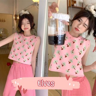 Elves✨พร้อมส่ง✨ เสื้อกล้ามแขนกุด ไหมพรม ลายดอกไม้ ผูกด้านหลัง ~45037~ -C