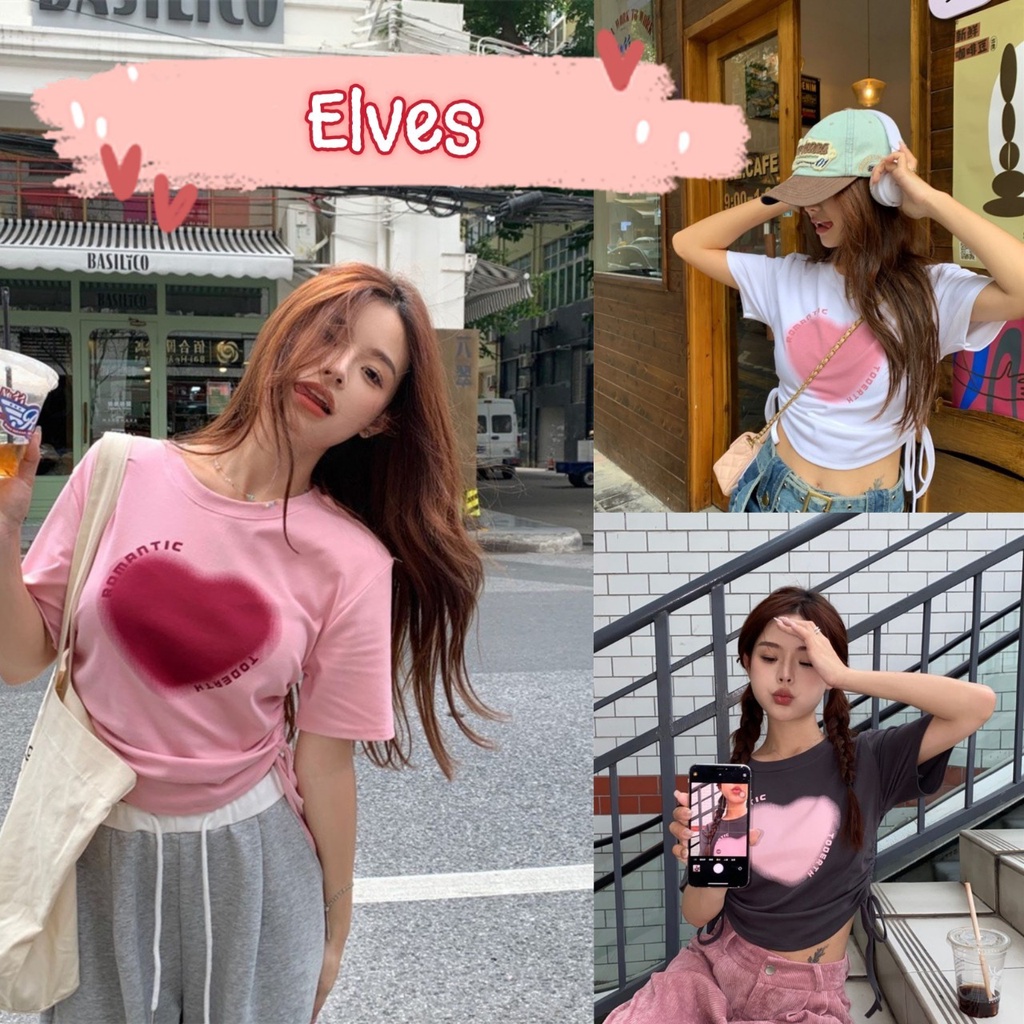 Elves พร้อมส่ง เสื้อไหมพรม ดีเทลลายหัวใจ แขนสั้น รูดได้2ข้าง 3สี ~08008~ -C