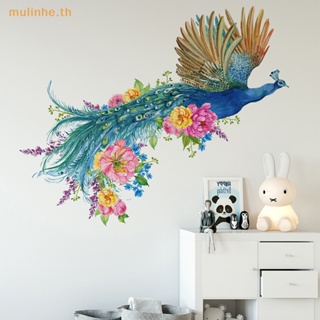 Mulinhe สติกเกอร์ติดผนัง ลายดอกไม้ นกยูง สีเขียว สไตล์จีน สําหรับตกแต่งบ้าน TH