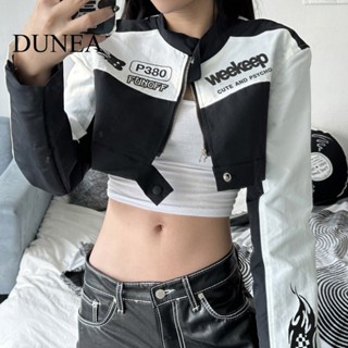 Dunea เสื้อแจ็กเก็ตเต้นรําสั้น พิมพ์ลายตัวอักษร สไตล์ Moto สําหรับผู้หญิง