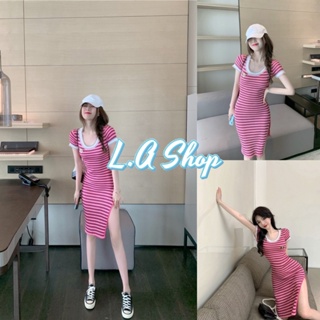 L.A Shop ​พร้อมส่ง ชุดเดรส ไหมพรมคอกลม แขนสั้น ดีเทลลายทางหยักสีชมพู "09018" -C