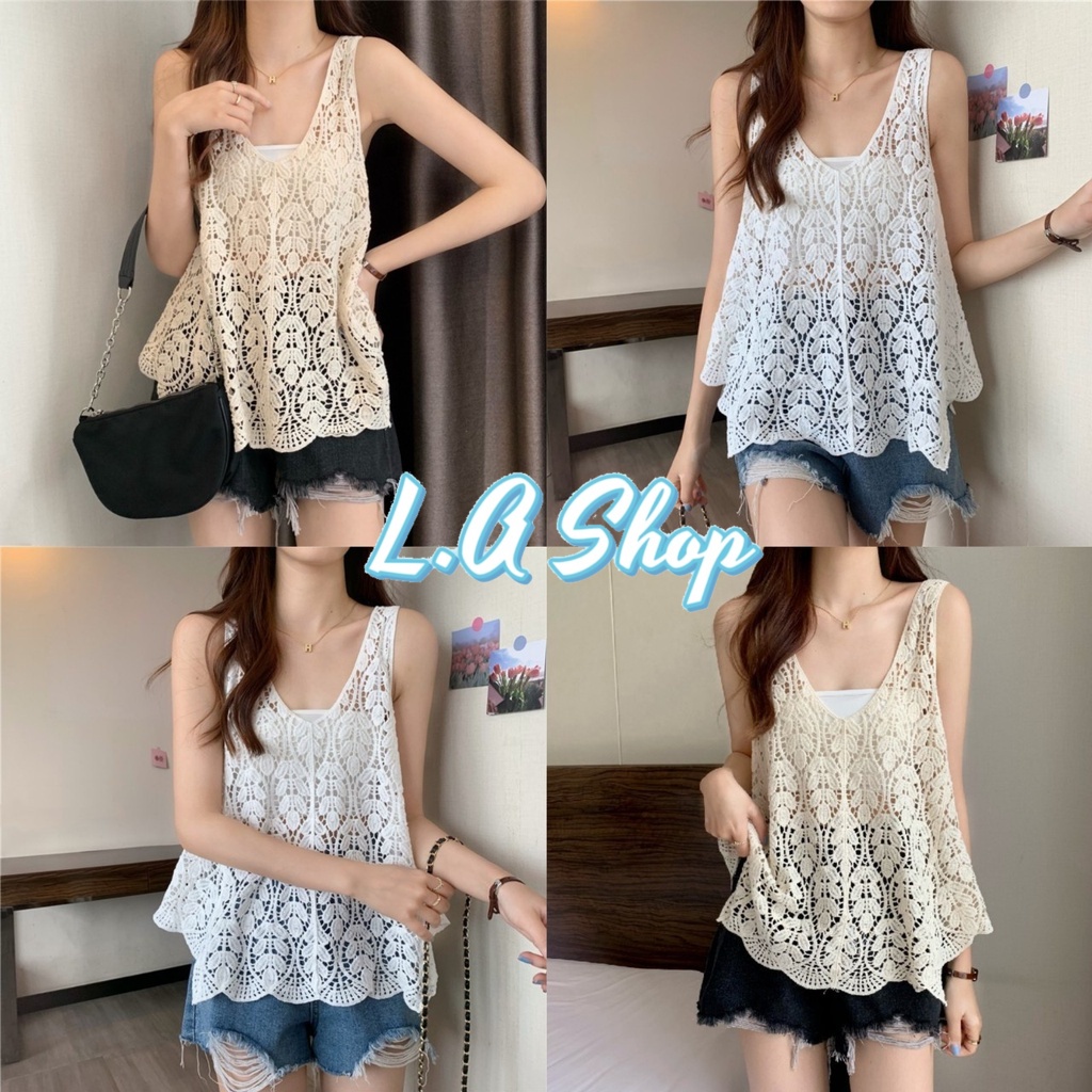 L.A Shop ​พร้อมส่ง เสื้อกล้ามถักไหมพรม ซีทรูเบาๆ ลายใบไม้ "19122" -C