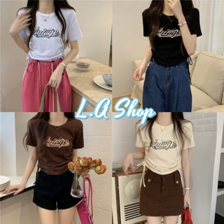 L.A Shop ​พร้อมส่ง เสื้อไหมพรมแขนสั้นคอกลม ดีเทลรูดข้างสองข้าง ลายตัวอักษร "52169" -C