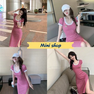 Mini shop🌸พร้อมส่ง🌸 (09018) ชุดเดรสคอกลม ไหมพรม แขนสั้นคอกลม ลายทางหยักๆสีชมพู -C