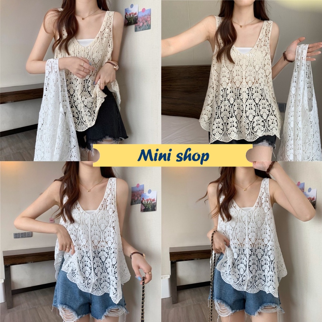 Mini shop🌸พร้อมส่ง🌸 (19122) เสื้อกล้าม ถักไหมพรม ลายใบไม้ซีทรูนิดๆ -C