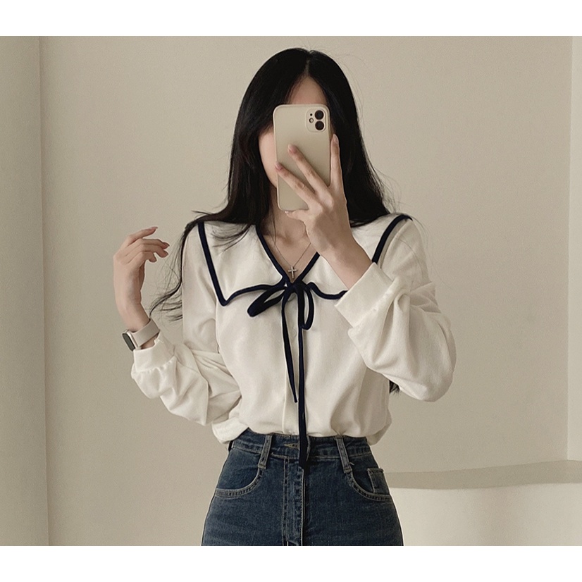 (ส่งจากกรุงเทพฯ)เสื้อเชิ้ตแขนยาวคอตุ๊กตาสีเบจ เสื้อผ้าผู้หญิง แฟชั่นเกาหลี ใหม่ เก๋ไก๋ มีระดับ