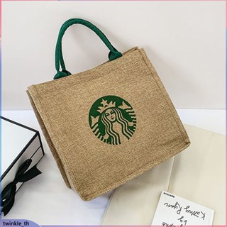 กระเป๋าผ้าแคนวาสพิมพ์ลาย Starbucks Student&amp;#39;s Bucket Lunch Box Bag Lunch Bag Portable Schoolbag Book Bag Shopping Bag Linen (twinkle.th)