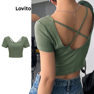 Lovito เสื้อยืดลําลอง เปิดหลัง อเนกประสงค์ Y2K สําหรับผู้หญิง L61AD123 (สีเขียวทหาร/สีดํา)