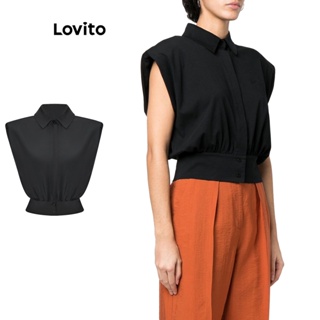 Lovito เสื้อเบลาส์ ลําลอง เปิดไหล่ ติดกระดุม สําหรับผู้หญิง L61AD023 (สีดํา)