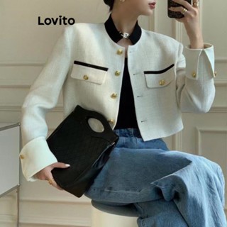 Lovito เสื้อแจ็กเก็ตลําลอง แต่งกระดุม สีพื้น สําหรับผู้หญิง L61AD004 (สีขาว)