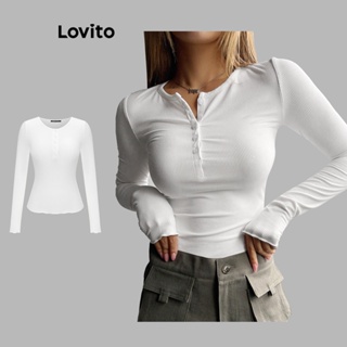 Lovito เสื้อยืดลําลอง อเนกประสงค์ แต่งกระดุม สําหรับผู้หญิง L61AD034 (สีขาว)