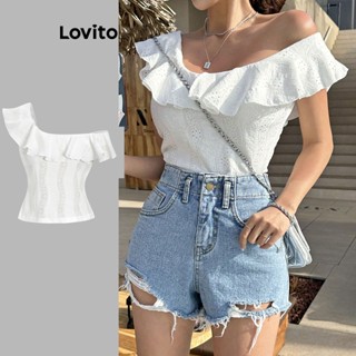 Lovito เสื้อเบลาส์ลําลอง ปักลาย แต่งระบาย แบบเรียบ สําหรับผู้หญิง L61AD025 (สีขาว)