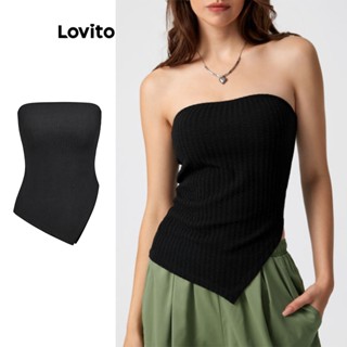 Lovito เสื้อกล้ามลําลอง ผ้าถัก ทรงไม่สมมาตร สําหรับผู้หญิง Y2K L61AD053 (สีดํา)