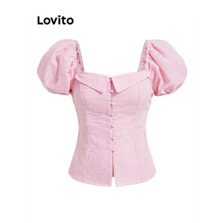 Lovito เสื้อเบลาส์ลําลอง ลายทาง มีกระดุม สําหรับผู้หญิง L61AD027 (สีชมพู)