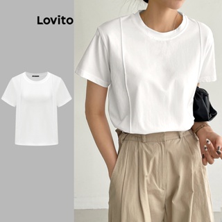 Lovito เสื้อยืดลําลอง เรียบง่าย สําหรับผู้หญิง L61AD038 (สีขาวออฟไวท์)