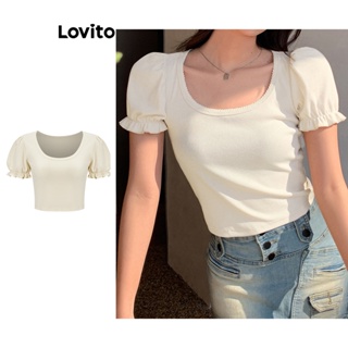 Lovito เสื้อยืดลําลอง แขนสั้น พิมพ์ลายผักกาดหอม สําหรับผู้หญิง L61AD048 (แอปริคอท)