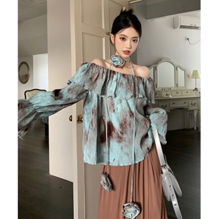 เสื้อเชิ้ต เปิดไหล่ แต่งระบาย แบบผูกเชือก สีมัดย้อม สําหรับผู้หญิง