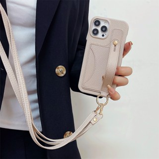 เคสโทรศัพท์มือถือหนัง PU พร้อมสายคล้อง และช่องใส่บัตร หรูหรา สําหรับ iPhone 14 Pro Max 13 12 11 Plus