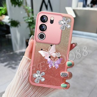 เคสโทรศัพท์มือถือแบบนิ่ม แต่งกลิตเตอร์ ไล่โทนสี ลายผีเสื้อ 3D สวยงาม สําหรับ VIVO V29 Y27 Y36 Y78 X90 Pro 5G 4G VivoV29 VivoY27