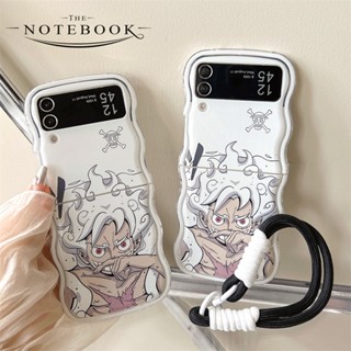 เคสโทรศัพท์มือถือเจลนิ่ม กันกระแทก ลายการ์ตูนลูฟี่ One Piece พร้อมสายคล้องมือ สําหรับ Samsung Galaxy Z Flip 3 4 5