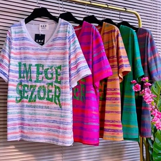 【Tshirt Oversize】เสื้อยืดแขนสั้น คอวี ลายทาง หลากสี สไตล์เกาหลี พลัสไซซ์ (50-150 กก.)