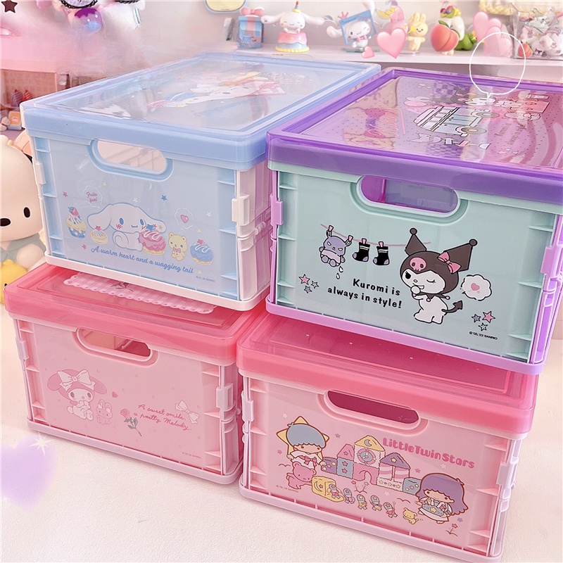 Sanrio กล่องเก็บของ ขนาดใหญ่ พร้อมฝาปิด ตะกร้าพลาสติก พับได้ 32x21 ซม. ของเล่นเครื่องสําอาง เครื่องเขียน กล่องเดสก์ท็อป