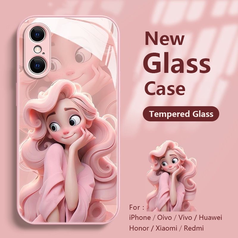 เคสโทรศัพท์มือถือกระจกนิรภัย กันหยิก ลายการ์ตูนเด็กผู้หญิงน่ารัก แฟชั่น สําหรับ iPhone 15 14 13 12 11 XS Pro Max 8 7 Plus X XR SE2 SE3 15 Plus